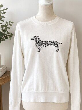 Banana Republic White Dachshund Dog Embroidered Sweater Small Cotton Rayon